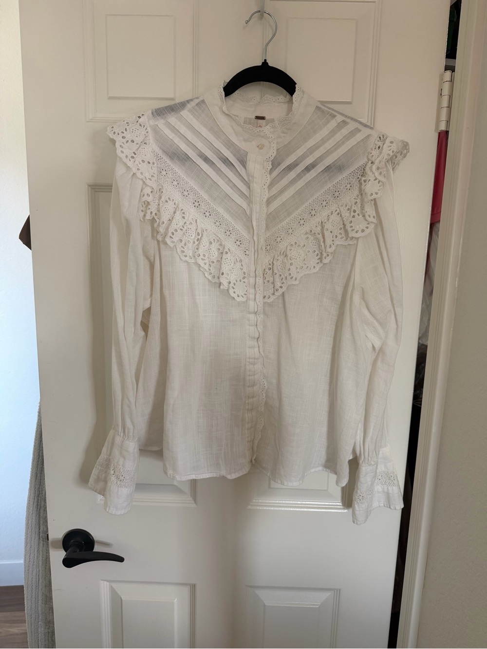 Free People White Lace-Trim Victorian Blouse